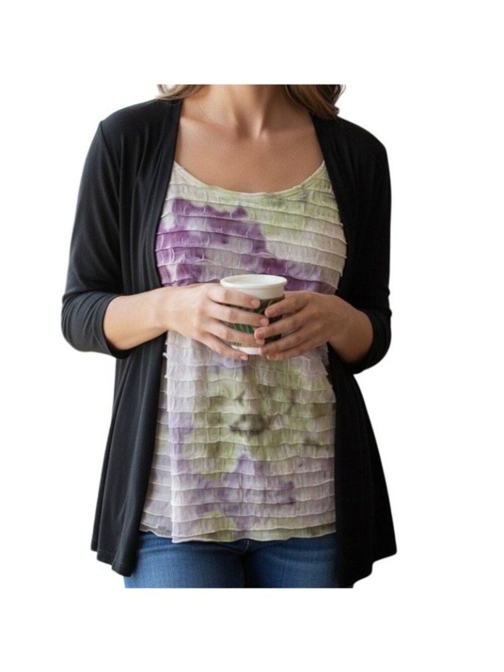 Women Open Front Cardigan Attached Ruffle Floral Insert Size XL AB Studio